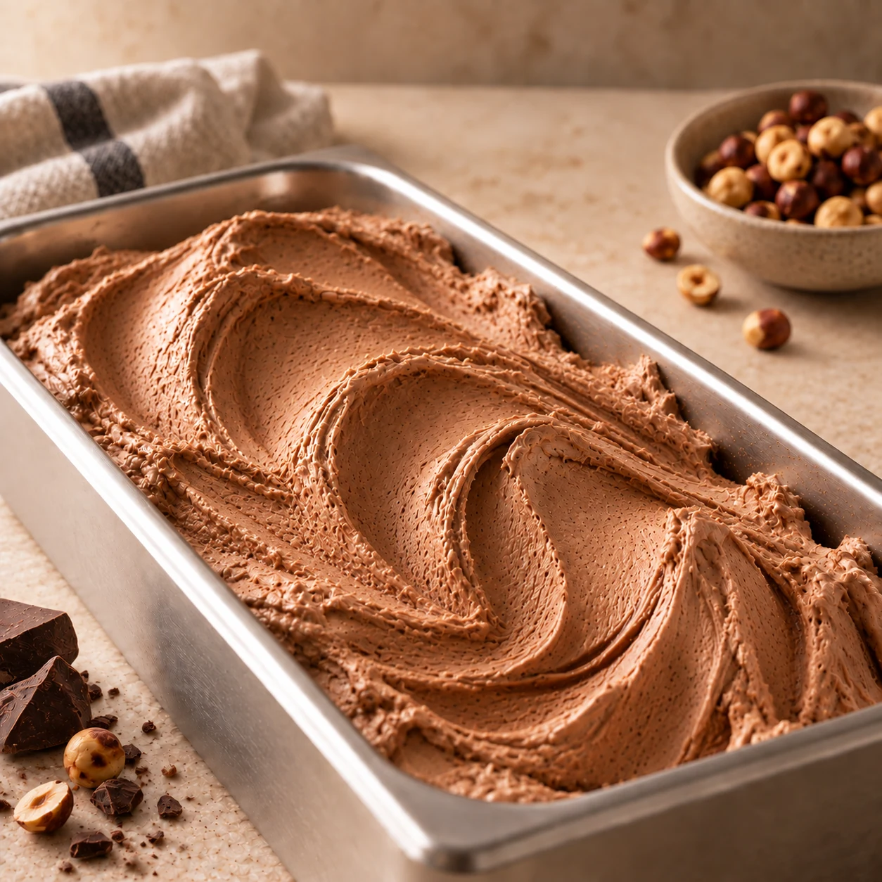 Gelato de Gianduia presentado en una cubeta