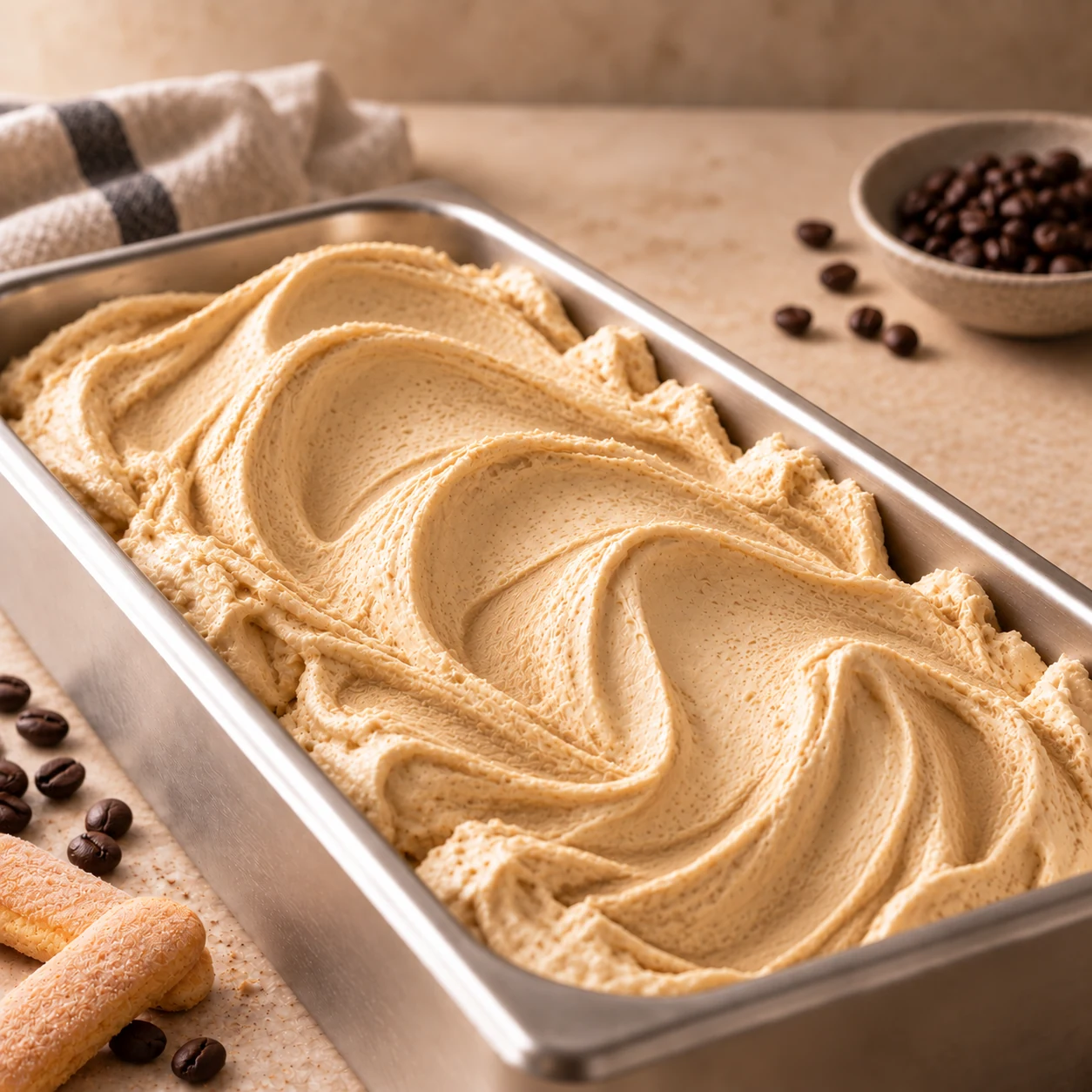 Gelato de Tiramisú presentado en una cubeta
