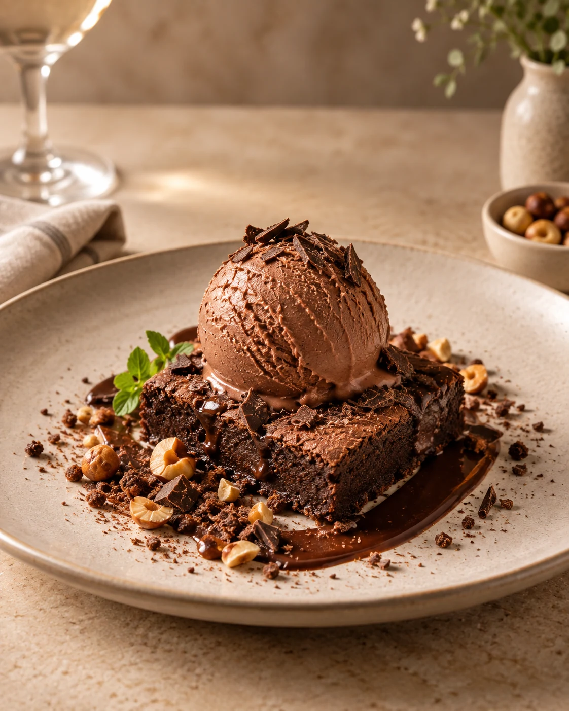 Brownie con una bola de gelato, avellanas y virutas de chocolate