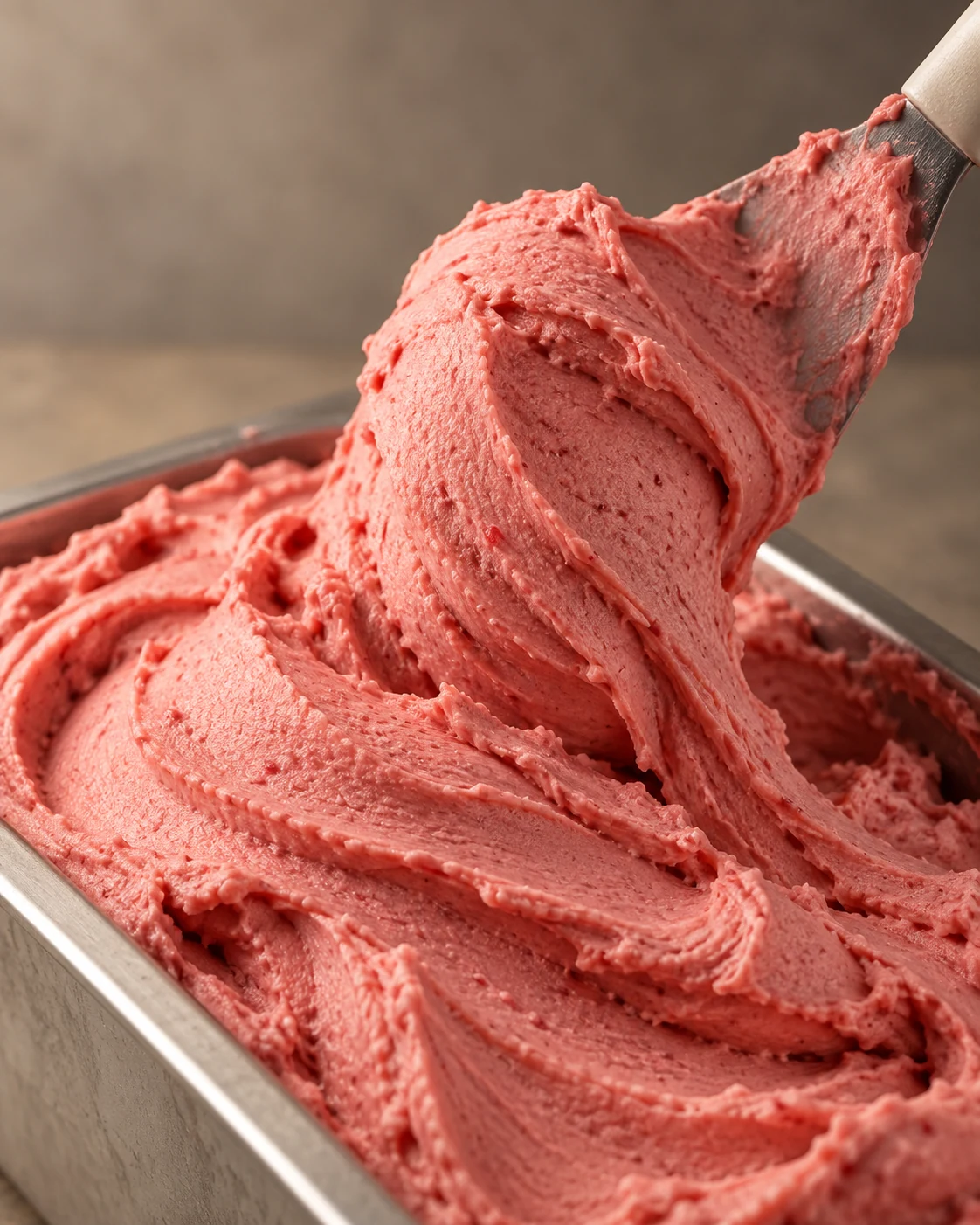 Textura de gelato rosado levantado con una espátula