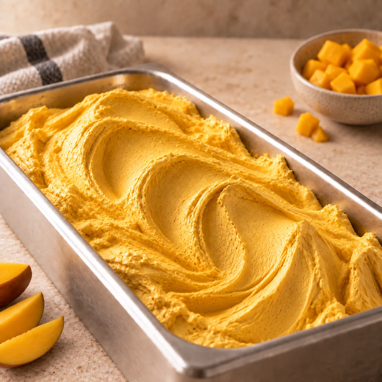 Gelato de Mango presentado en una cubeta