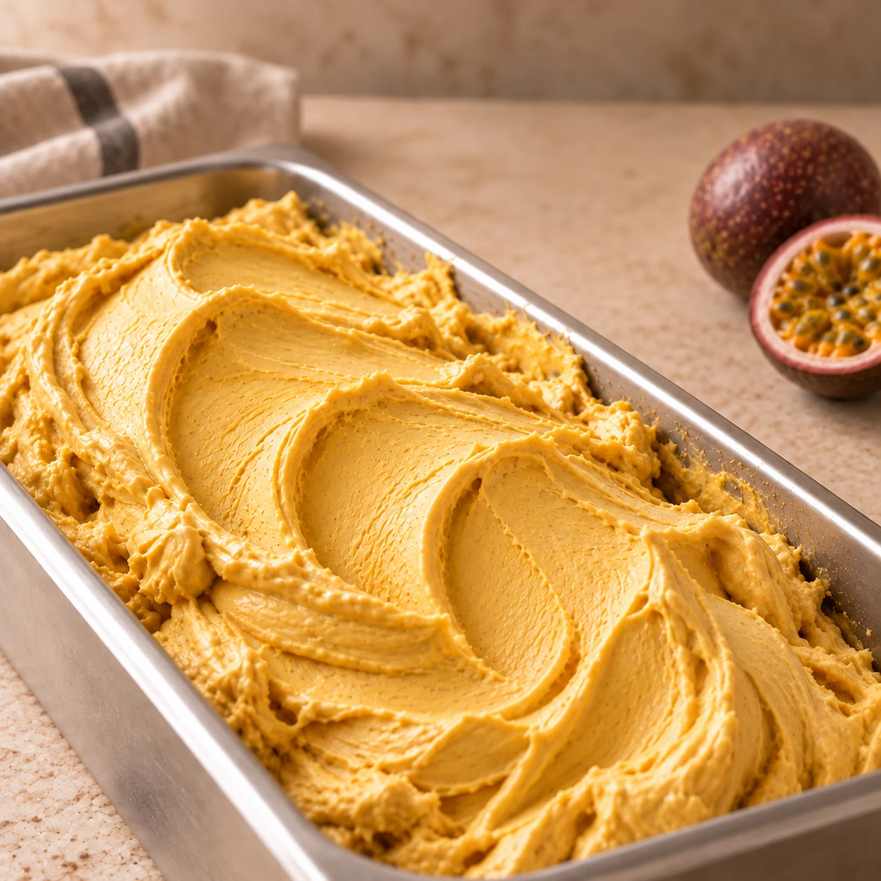 Gelato de Maracuyá presentado en una cubeta