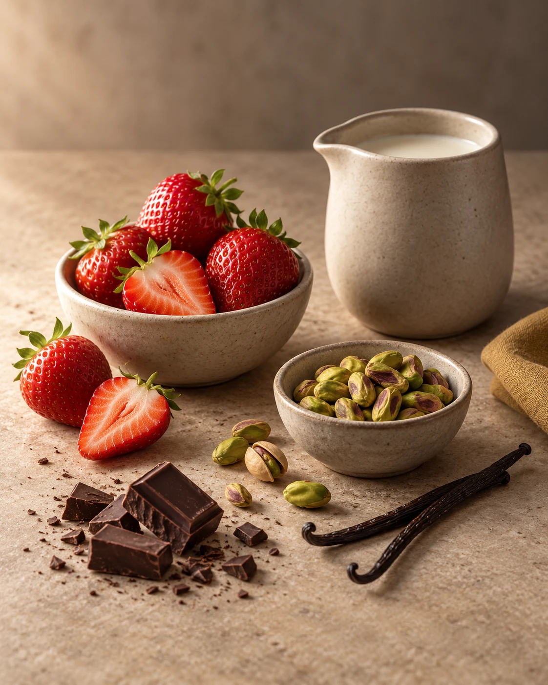 Fresas, pistachos, chocolate y vainas de vainilla sobre una mesa de piedra