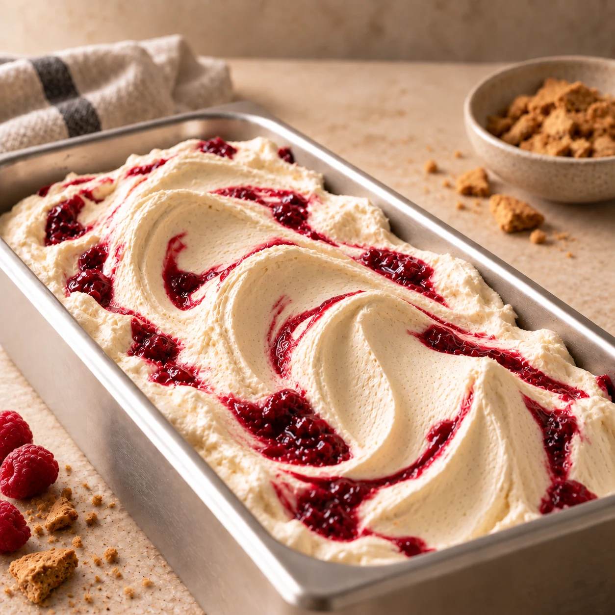 Gelato de Cheesecake presentado en una cubeta