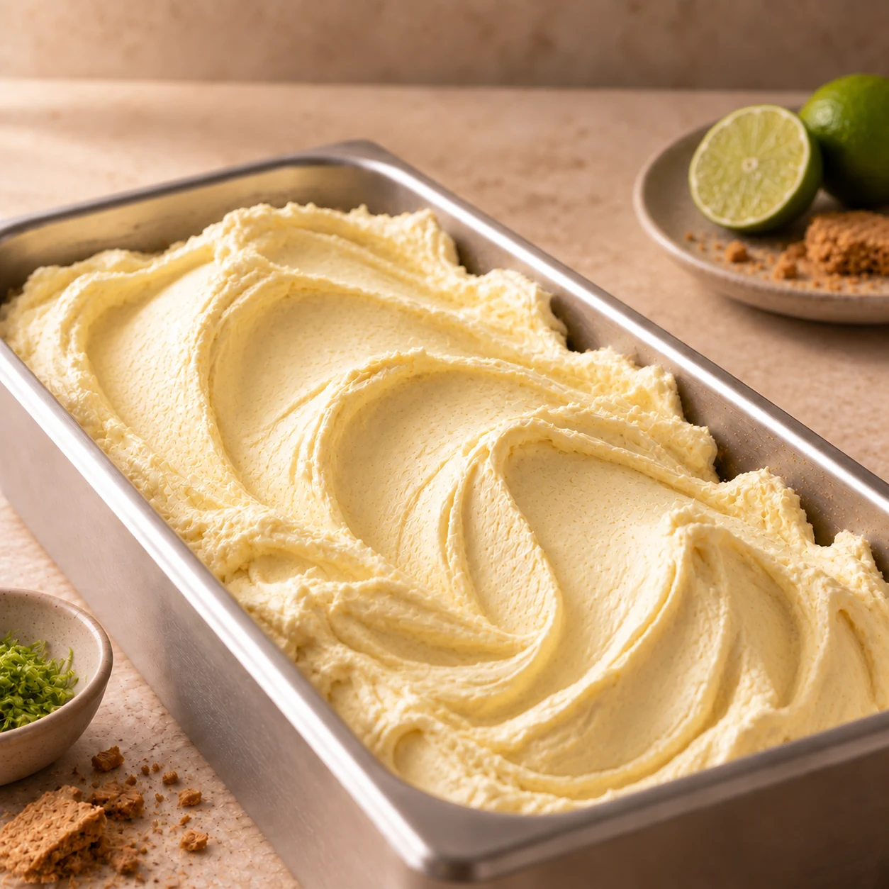 Gelato de Pie de limón presentado en una cubeta