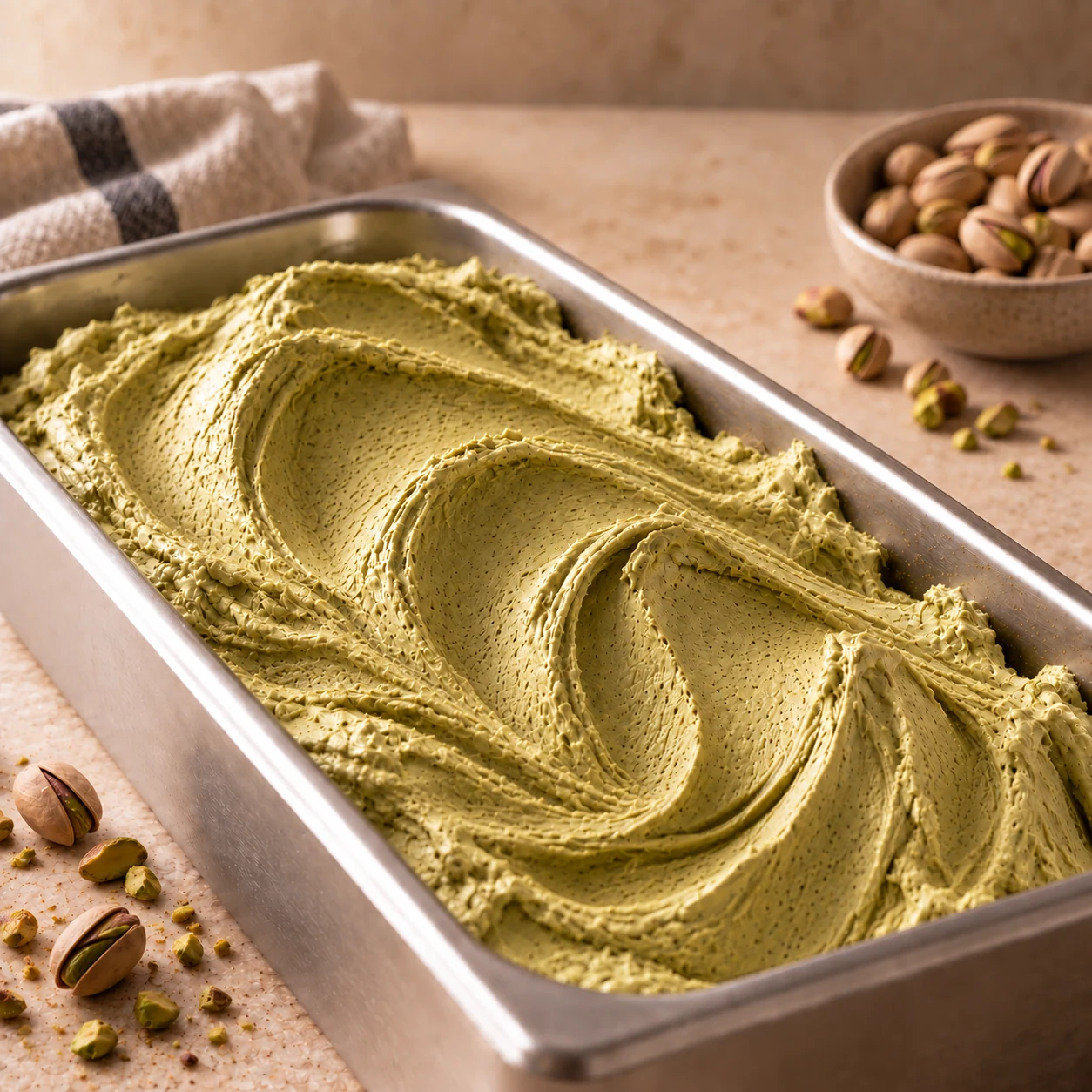 Gelato de Pistacho presentado en una cubeta