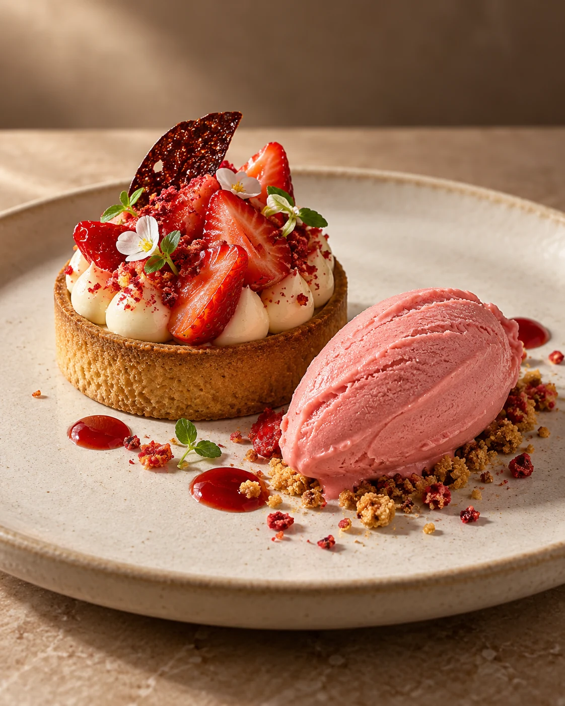 Tartaleta de fresas acompañada de una quenelle de gelato rosado