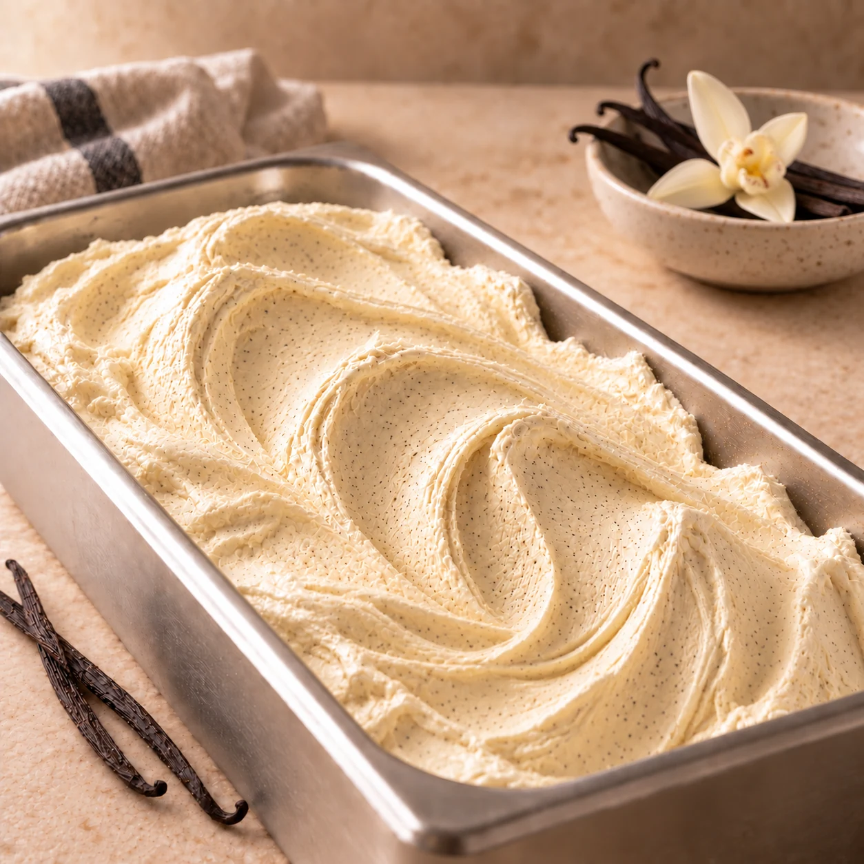 Gelato de Vainilla presentado en una cubeta