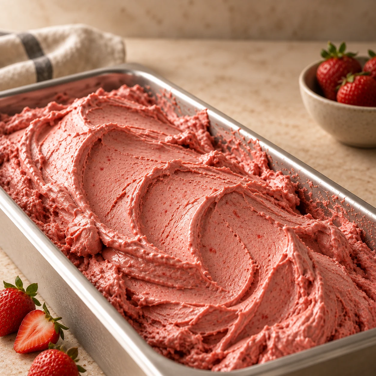 Gelato de Fresa presentado en una cubeta