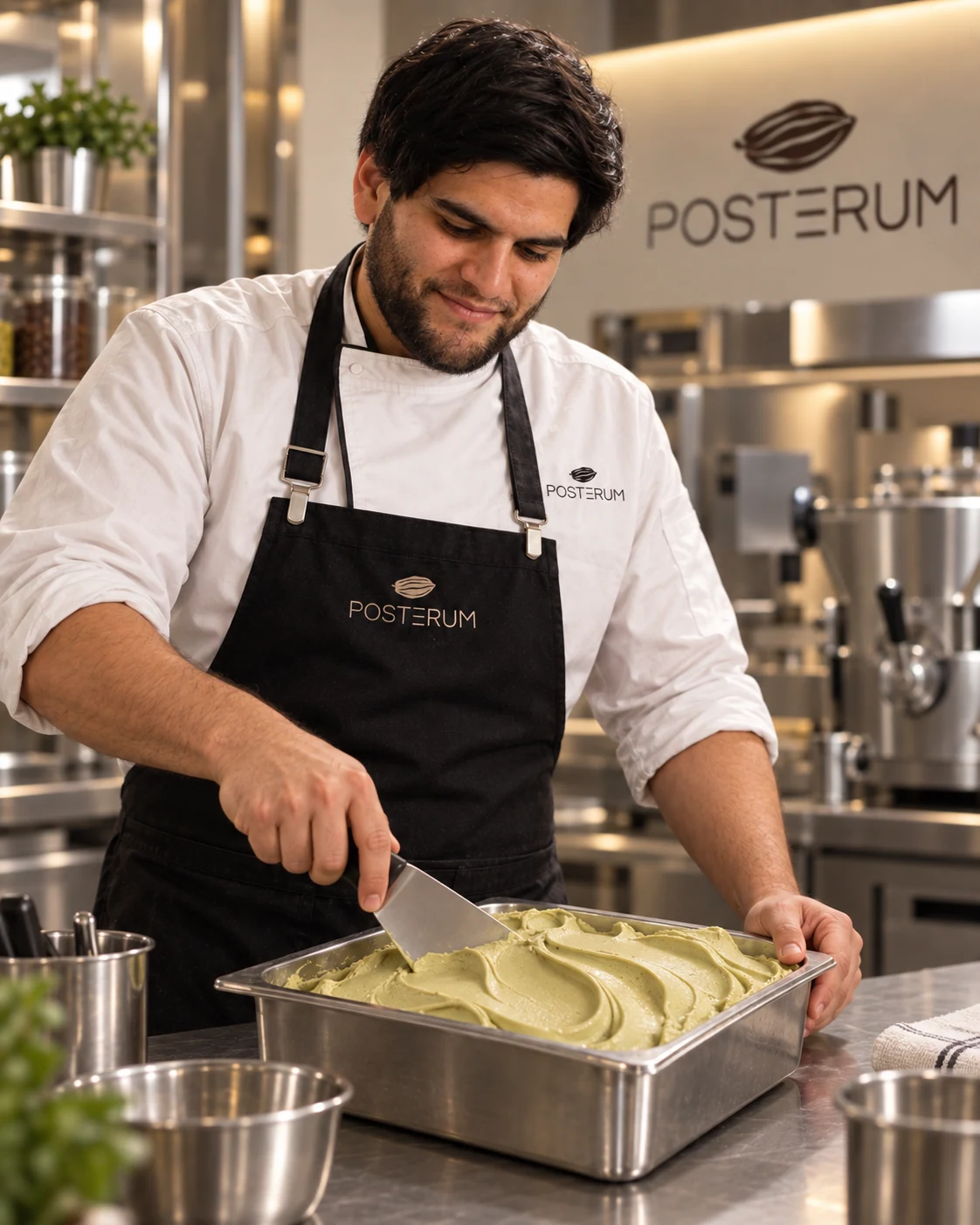 Carlos Saba trabajando el gelato con una espátula en una cubeta