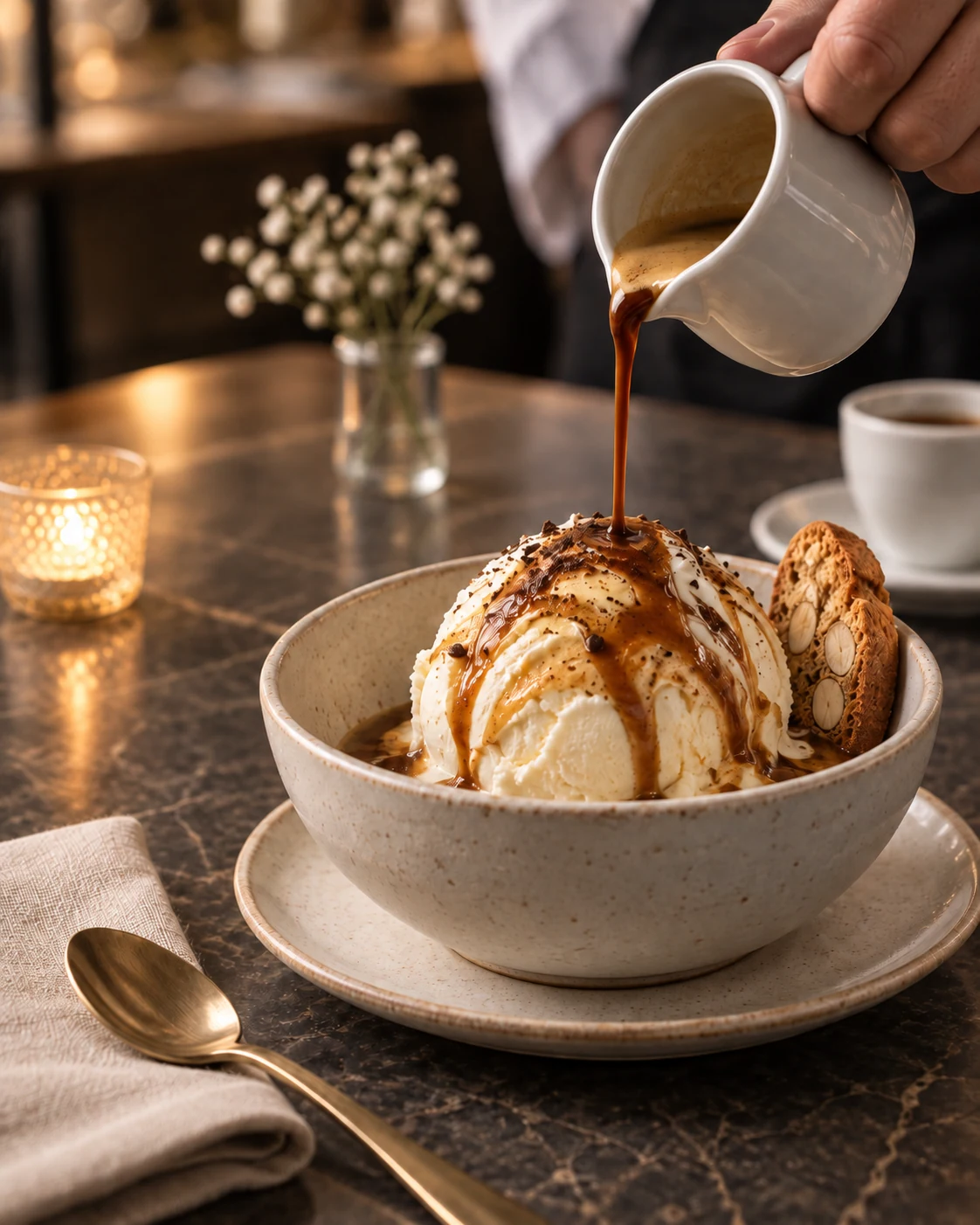 Café vertiéndose sobre gelato en un affogato servido con una galleta